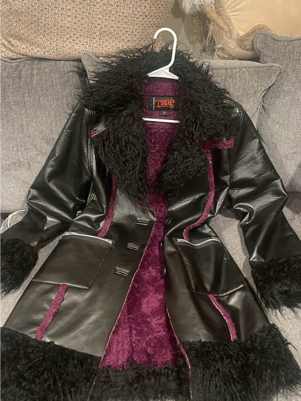 Tripp nyc Black Faux Leather Trench with Plum Faux Fur Trim
